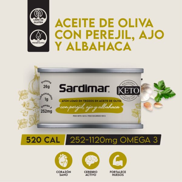 Atún Trozos en Aceite de Oliva con Perejil, Ajo & Albahaca 140g - Image 4
